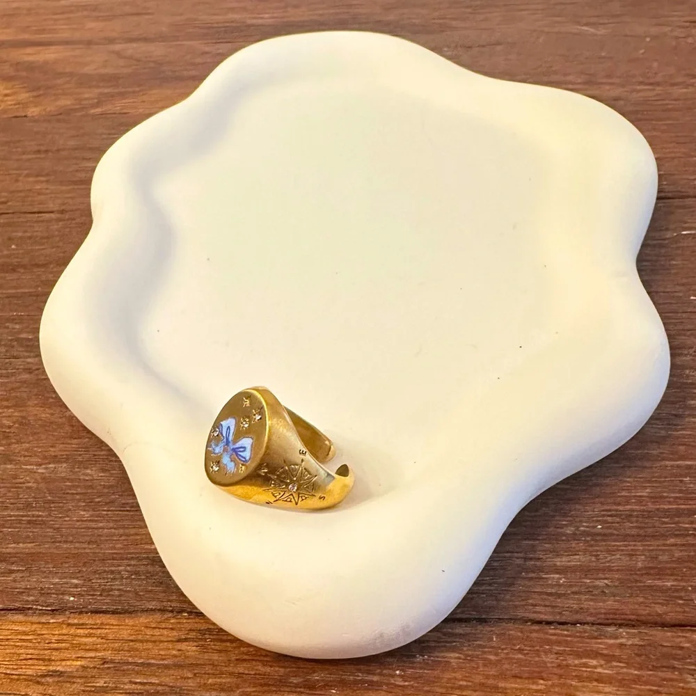 18K Gold Plated Stainless Steel Bow Signet Ring Blue Enamel Vintage Size 6.75-7